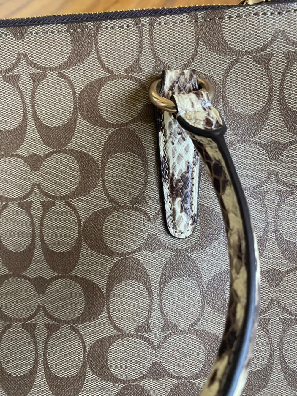 Coach Brown Signature Canvas Satchel with Snake-Print Handles and Gold Hardware - Picture 9 of 12